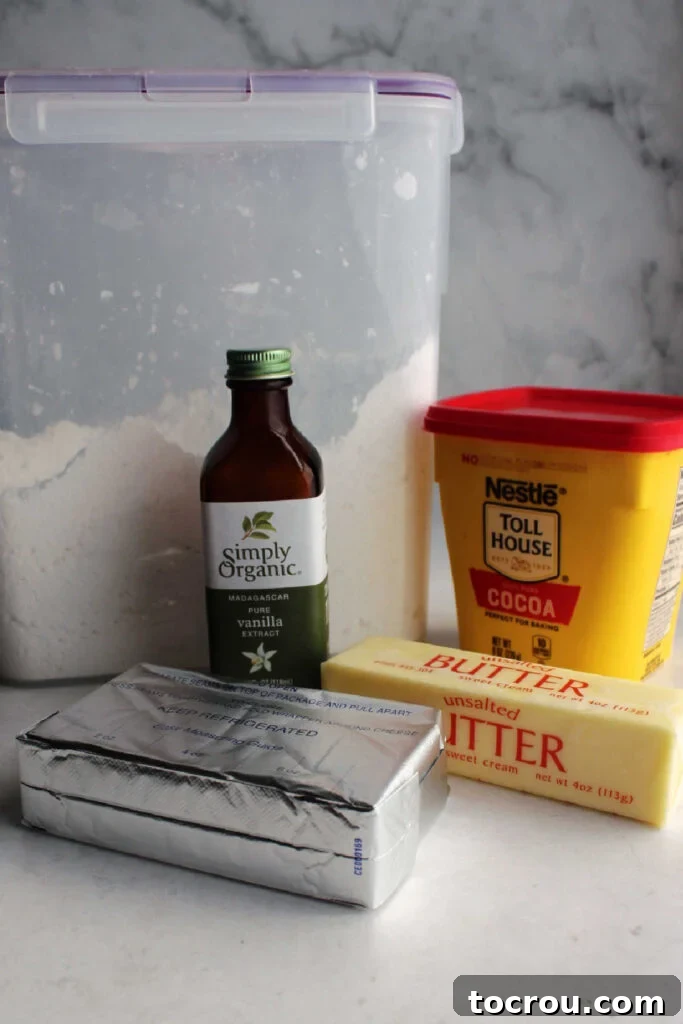 Decadent Chocolate Cream Cheese Frosting 3 Chocolate cream cheese frosting ingredients.