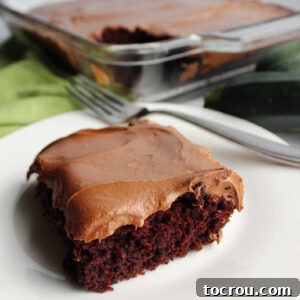 Piece of chocolate zucchini cake topped with smooth creamy chocolate cream cheese frosting.