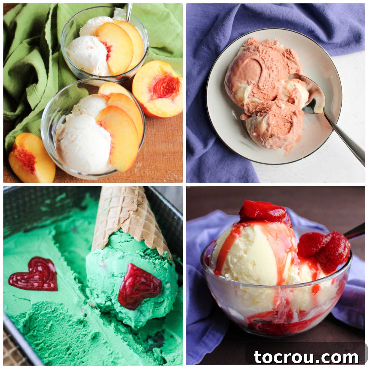 Collage of homemade ice cream images with peach ice cream, grinch ice cream, vanilla ice cream with strawberries and pink velvet ice cream, showcasing a variety of vibrant and appealing homemade ice cream creations.