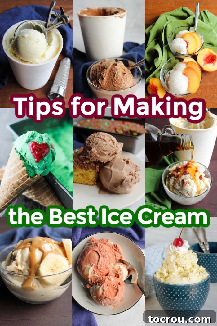 A vibrant collage of homemade ice cream images, showcasing a variety of textures and flavors including fruit-based, chocolate, and creamy vanilla.