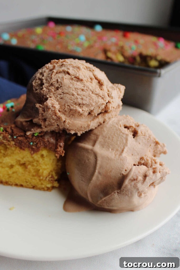 Two generous scoops of decadent brownie batter ice cream artfully presented on a small plate beside a slice of cake, with more cake blurred in the background, creating a rich and indulgent scene.