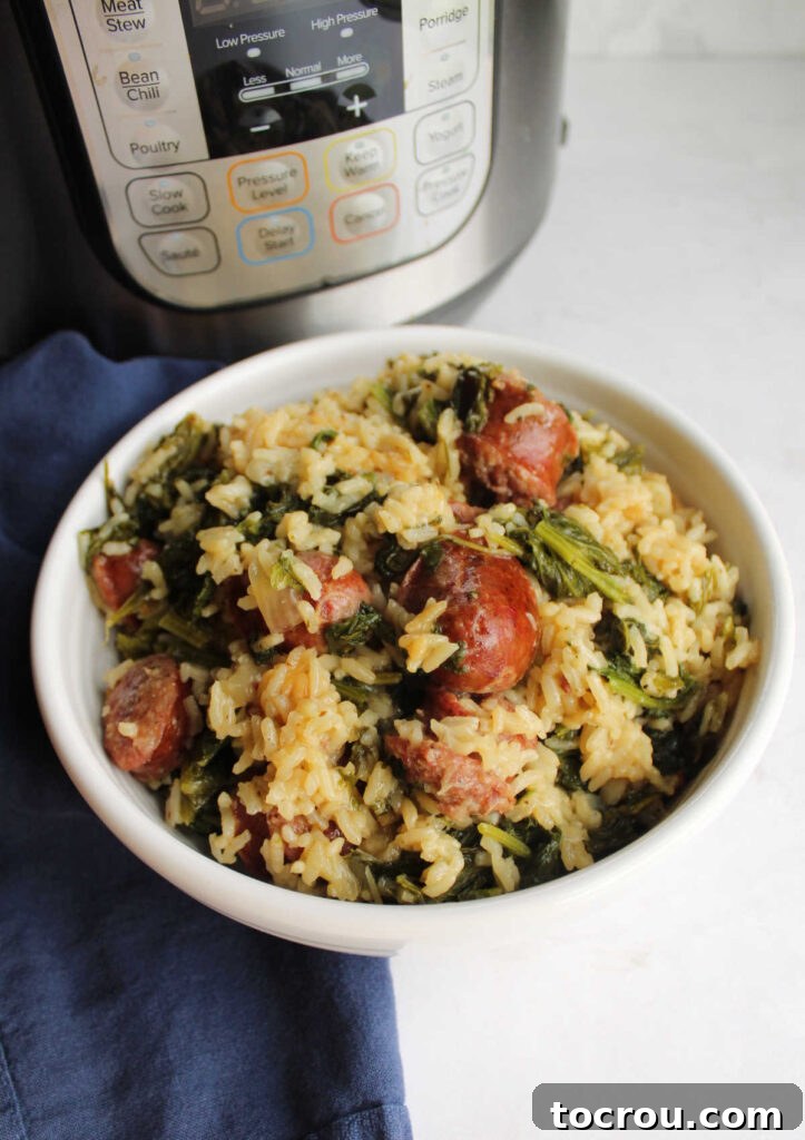 A beautifully composed serving bowl brimming with flavorful rice, tender, browned kielbasa pieces, and perfectly wilted mustard greens, positioned enticingly in front of a gleaming Instant Pot.