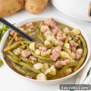 Bowl with a serving of crockpot green beans with ham and potatoes in it, ready to eat.