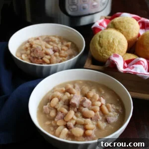 bowls of ham and beans with corn muffins and instant pot.