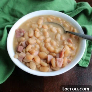 bowl of ham and beans fresh from the slow cooker.