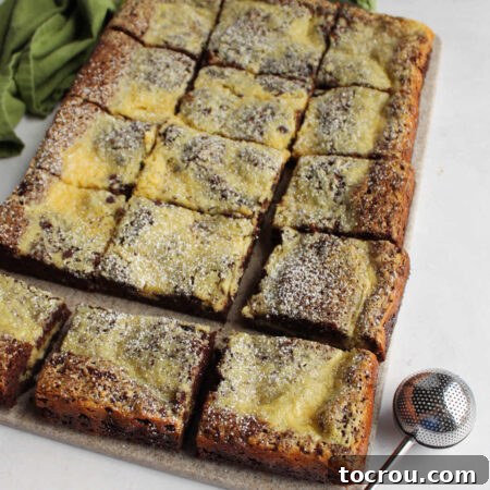 A hand gently dusting powdered sugar over cooled and neatly cut Chocolate Chip Gooey Butter Cake bars, adding a beautiful finish.