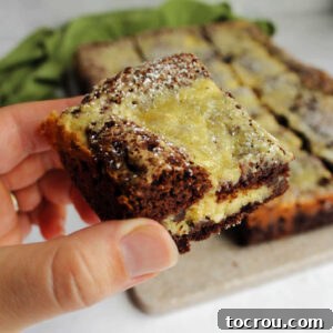 A hand holding a piece of Chocolate Chip Gooey Butter Cake, highlighting its distinct chocolate base and creamy, gooey filling.