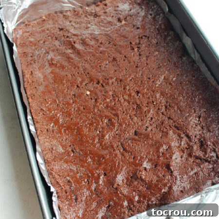 The chocolate crust mixture is evenly pressed into a 9x13-inch baking pan, forming the solid base layer for the gooey butter cake.