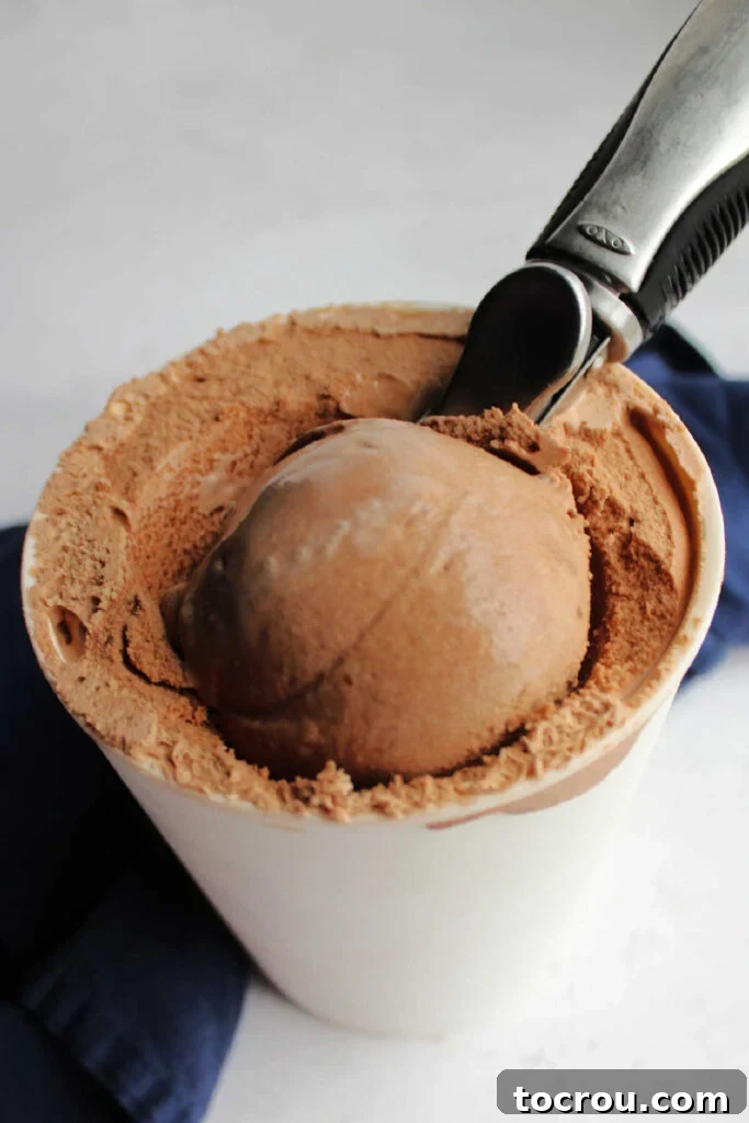 An ice cream scoop poised to serve a portion of the freshly churned homemade chocolate ice cream.