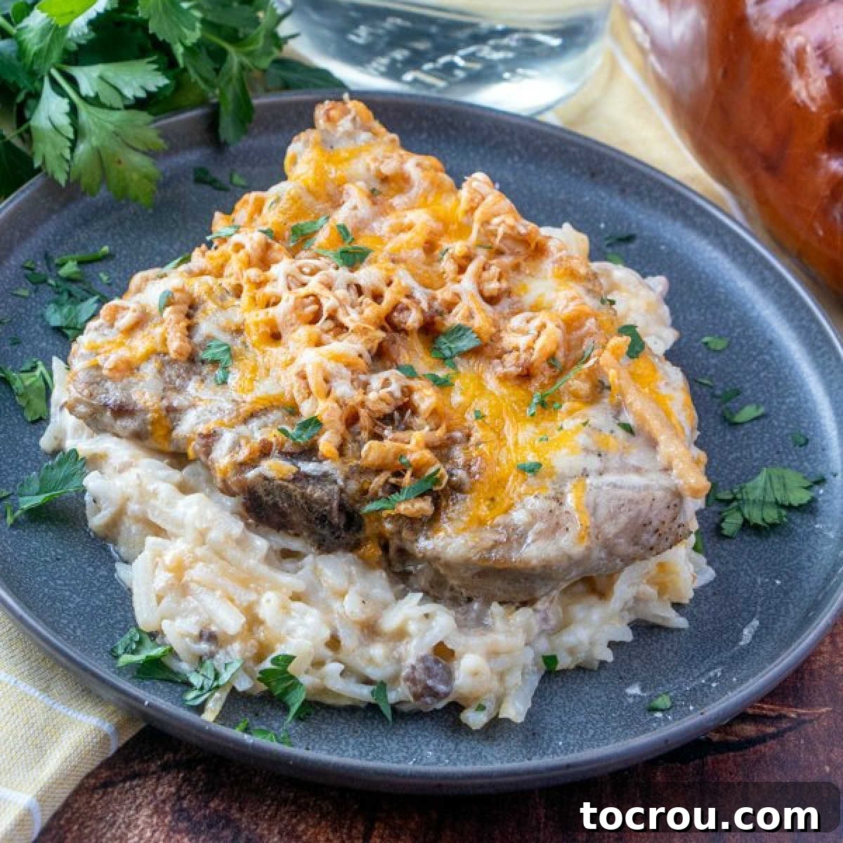 close up of dinner plate with cheesy pork chop, crunchy onions and potatoes