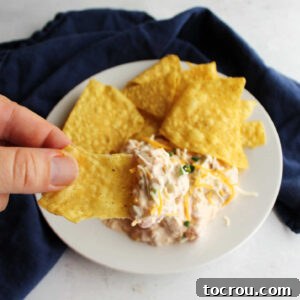 Fiesta Cream Dream 9 Dipping a tortilla chip into cheesy sour cream fiesta ranch dip.