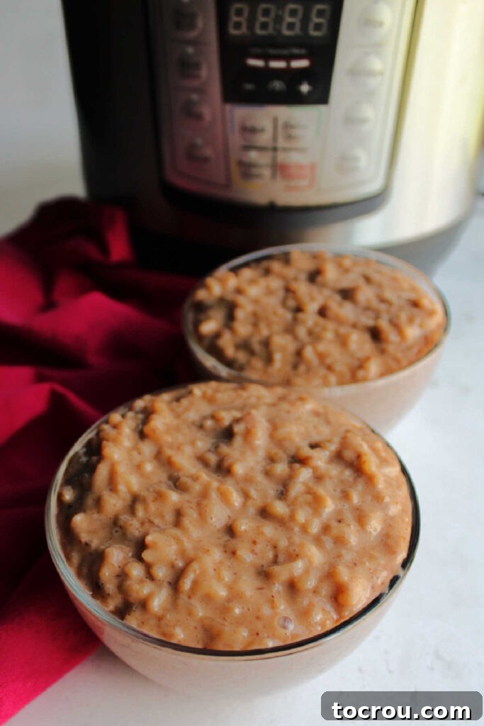 Decadent Instant Pot Chocolate Rice Pudding 3 Two small bowls of creamy chocolate rice pudding in front of an instant pot.