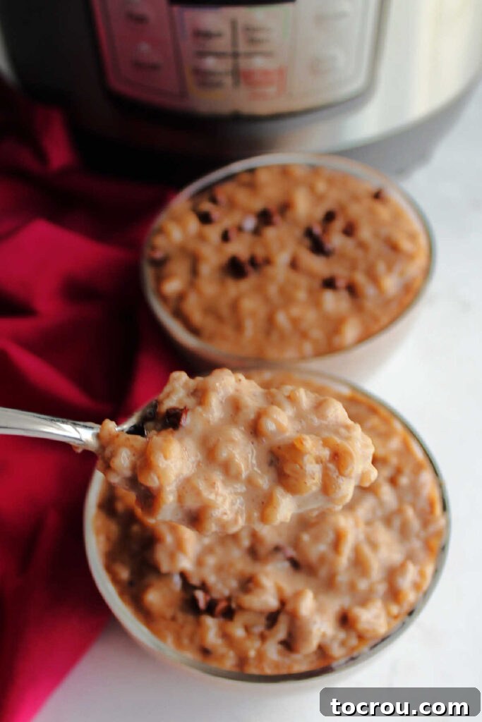 Decadent Instant Pot Chocolate Rice Pudding 8 Spoonful of chocolate rice pudding showing the creamy chocolate texture, ready to eat.