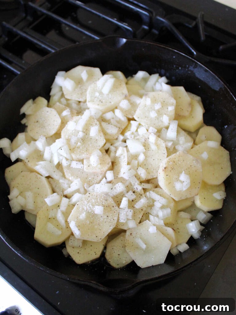 A large cast iron skillet filled with thinly sliced raw potatoes and chopped onions, patiently awaiting the cooking process to transform them into crispy fried potatoes.