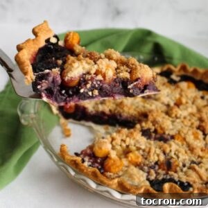 A delicious slice of goldenberry and blueberry pie, topped with crumble, being lifted from the pie pan, ready to serve.