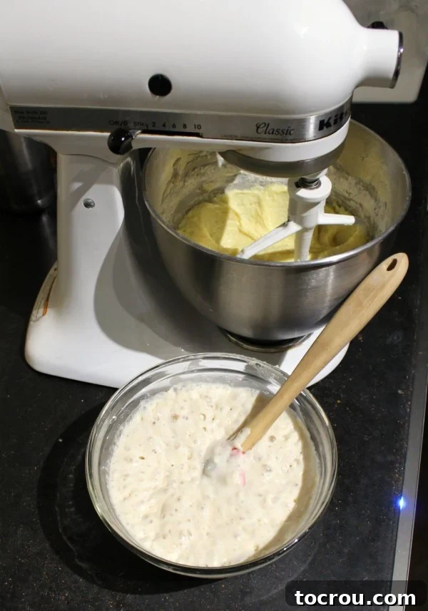 Preparing Placek dough with a stand mixer, demonstrating the initial steps of combining wet and dry ingredients. Stand mixer creaming butter next to a bowl of foamy, bubbly yeast sponge, ready to be incorporated into the Placek dough.