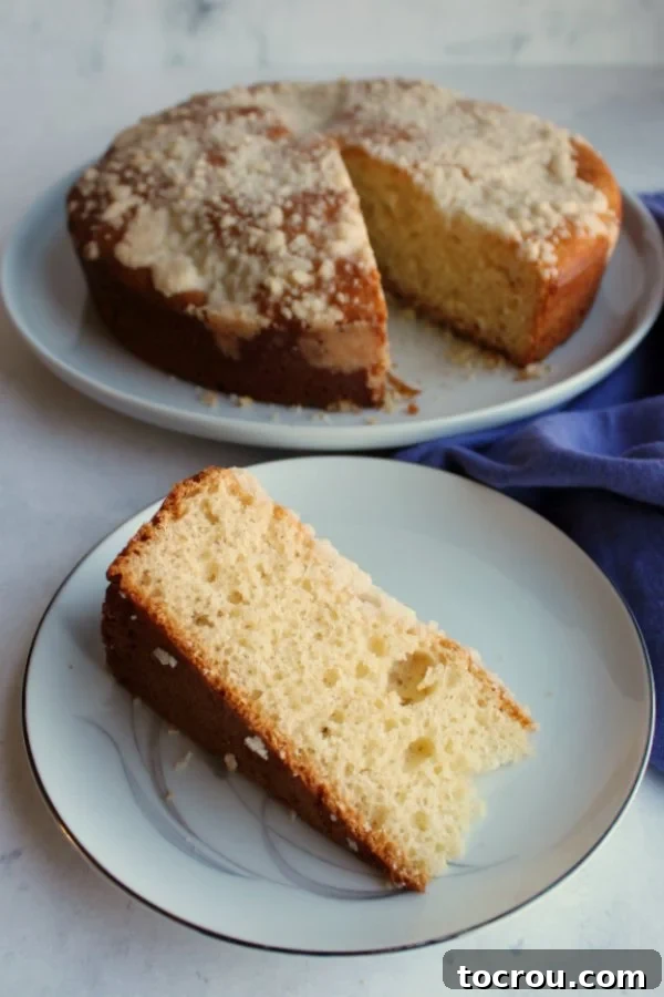 Indulge in a delightful slice of Placek, featuring its signature buttery crumb. Close-up of a slice of buttered Placek coffee cake with a generous crumb topping, ready to eat.