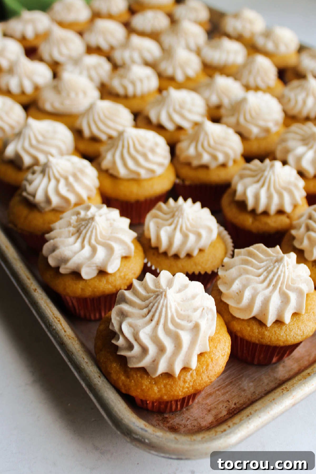 Sheet pan filled with apple butter mini cupcakes topped with swirls of apple butter buttercream.