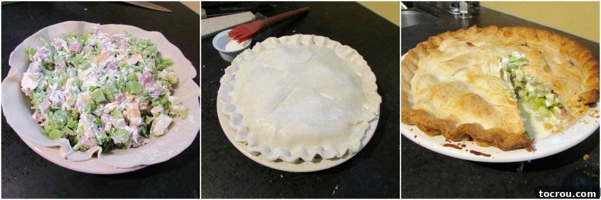 A step-by-step collage showing the preparation, assembly, and baking of a ham, broccoli, and cheese pot pie.