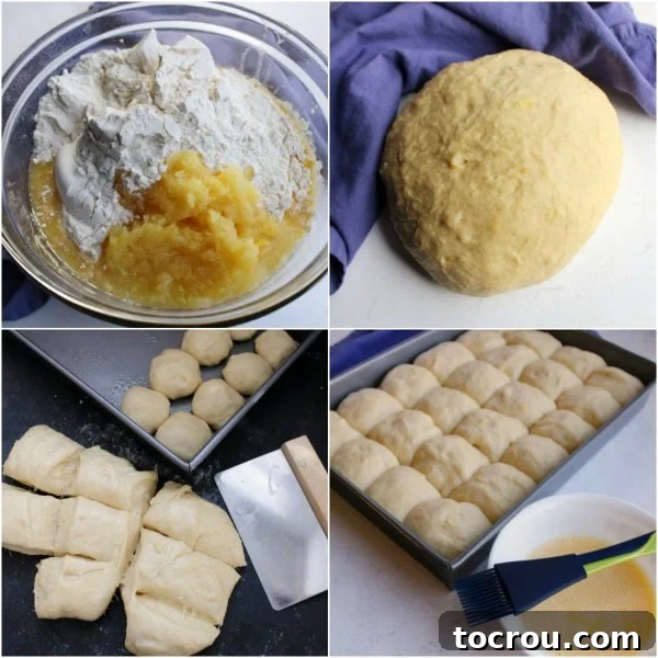Step-by-step images illustrating the process of making homemade Hawaiian sweet dinner rolls, including ingredients in a bowl, kneaded dough, forming rolls, and brushing with butter.