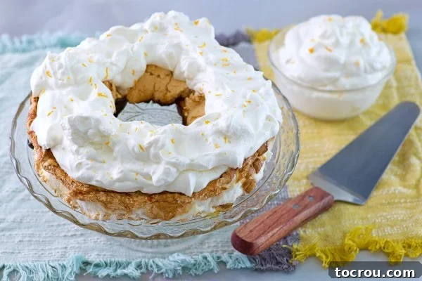 Exquisite forgotten meringue torte adorned with creamy whipped cream and delicate orange zest, ready to be served.