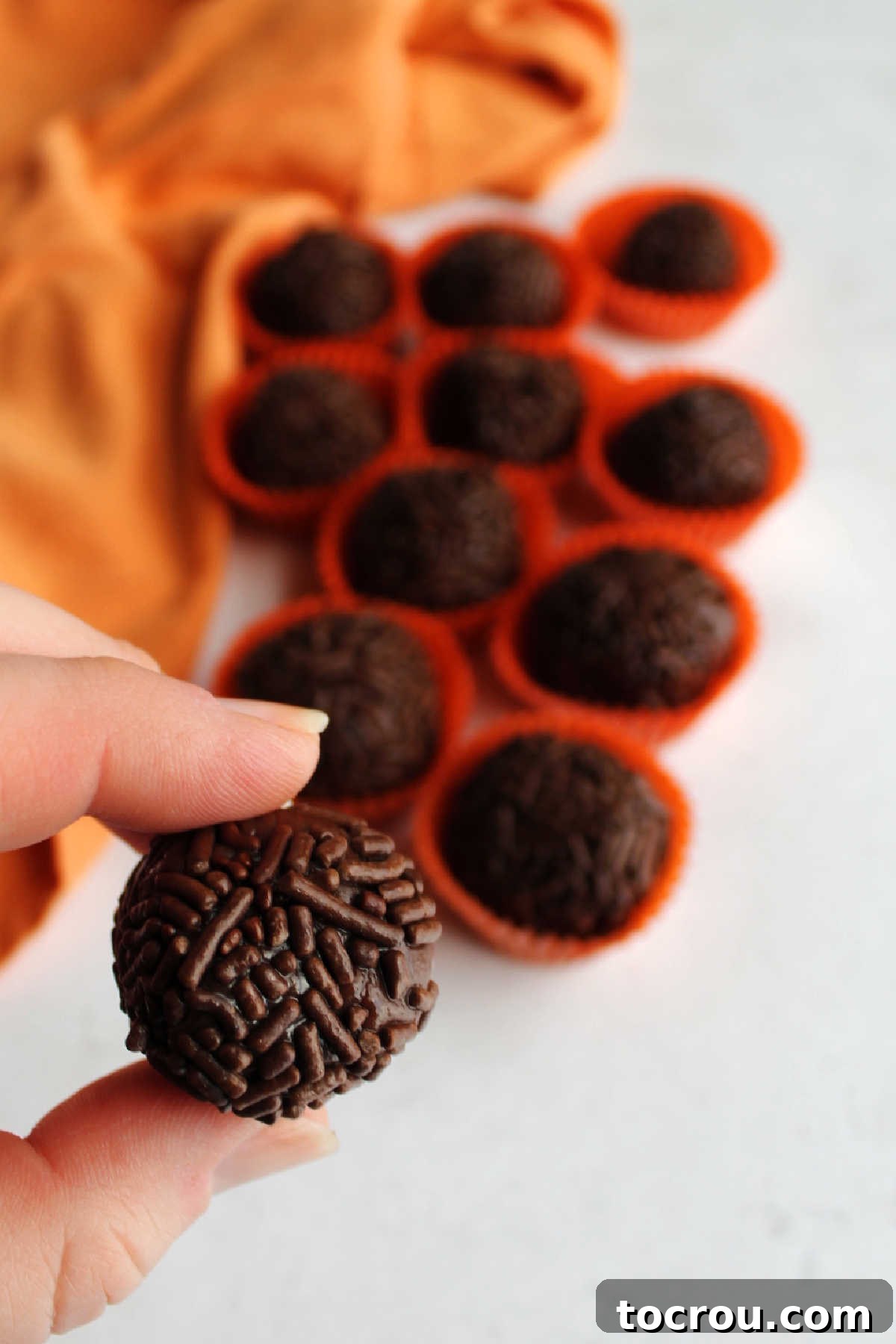 Zesty Chocolate Brigadeiro 2 A hand holds a perfectly round, chocolate sprinkle-coated brigadeiro, showcasing its enticing texture.