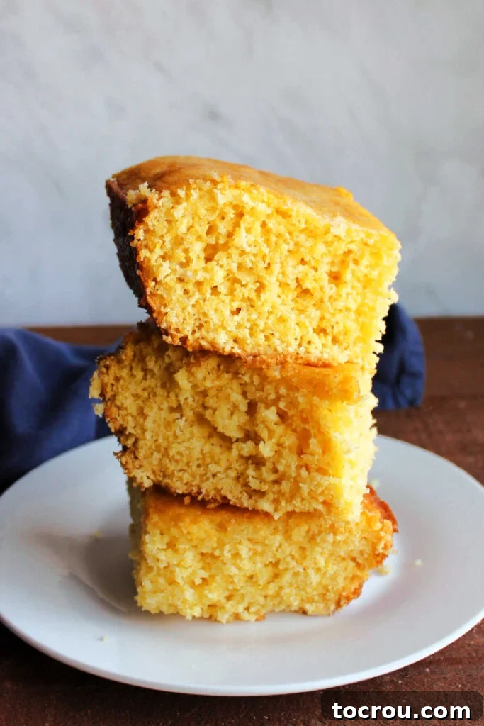 Fluffy Yellow Cake Mix Cornbread A stack of golden, moist squares of cake mix cornbread, showing the fluffy and tender interior.