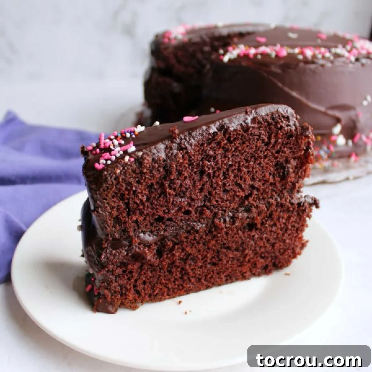 This is THE PERFECT chocolate cake! It's easy to make, the texture is soft, and it's devilishly good. Do yourself a favor and make it ASAP! A delectable slice of moist chocolate layer cake, generously coated with shiny chocolate frosting and adorned with colorful sprinkles, promising an irresistible treat.