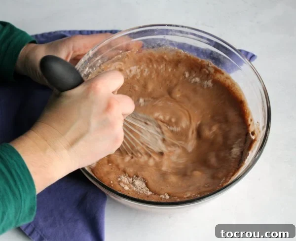 Rich Chocolate Comfort Cake with Velvety Frosting 6 A hand gracefully holds a whisk, stirring chocolate cake batter in a mixing bowl, capturing the essence of homemade baking.