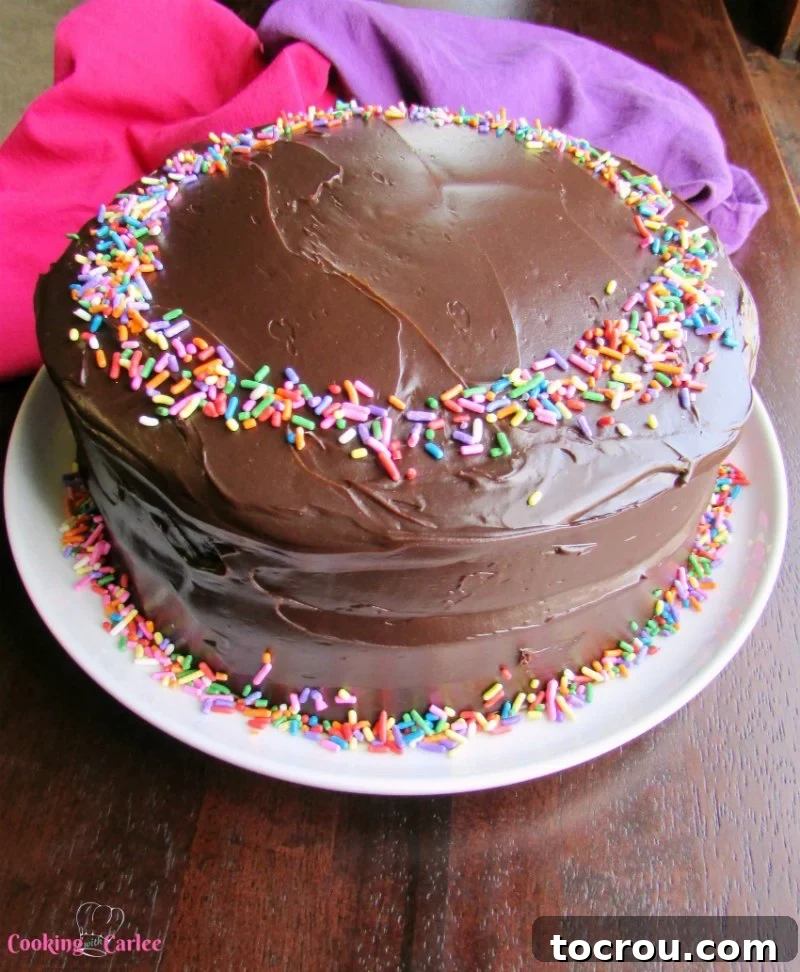 Rich Chocolate Comfort Cake with Velvety Frosting 8 A devilishly good chocolate cake, adorned with shiny fudge frosting and delicate sprinkles, looks incredibly inviting and delicious.