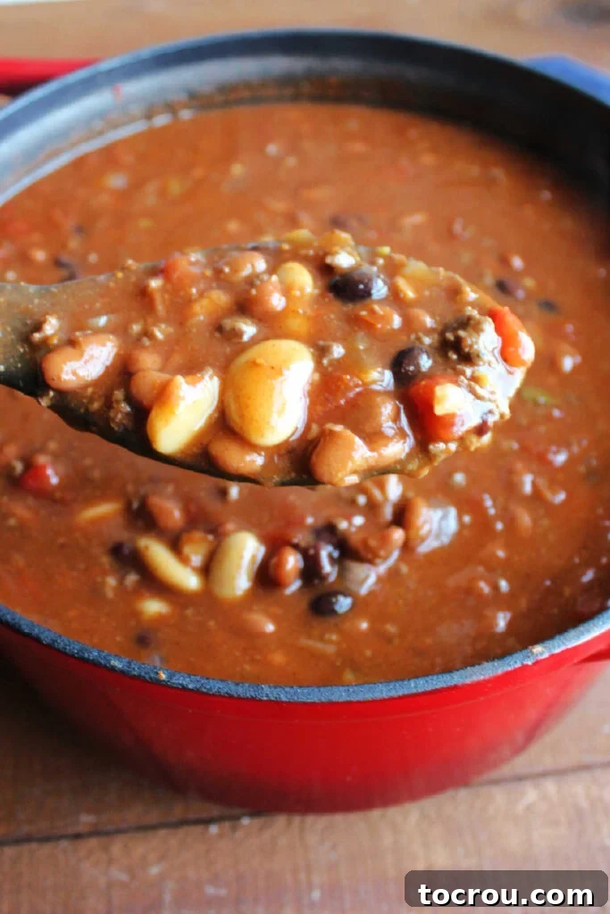 Large serving spoon filled with a heaping scoop of venison chili showing a variety of beans.