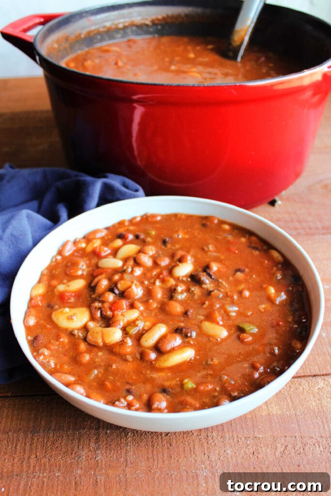 Bowl of hearty venison chili with red dutch oven in the background.