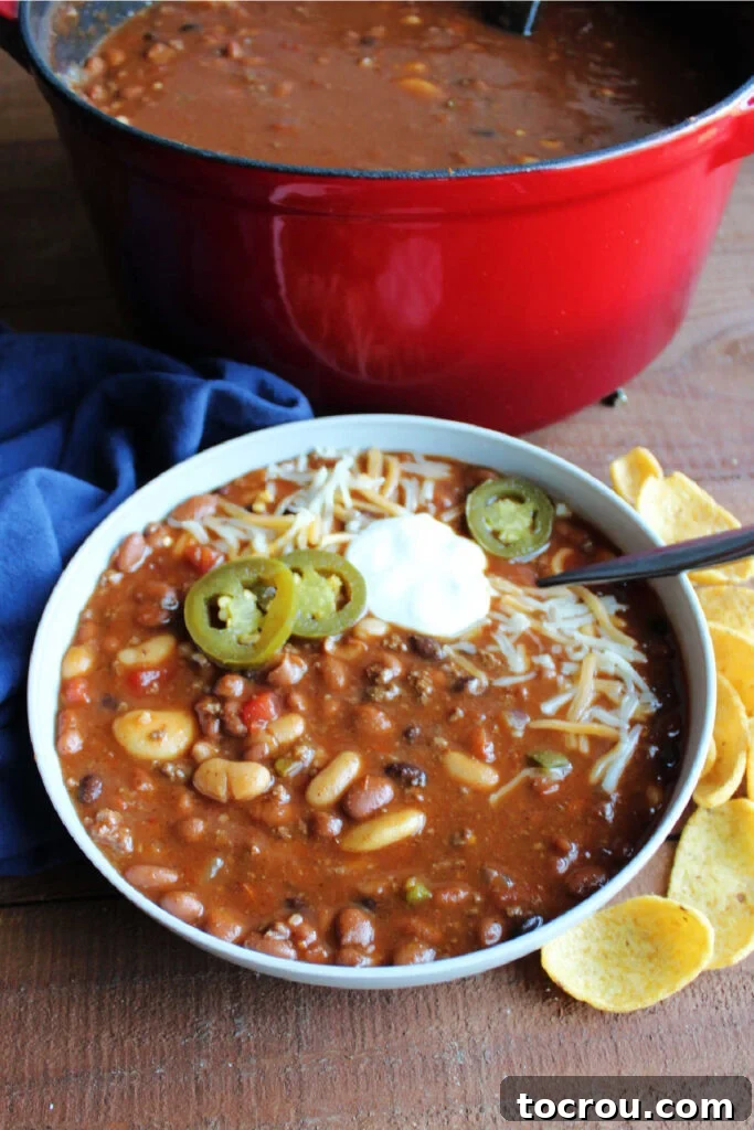 Bowl of venison chili topped with shredded cheese, pickled jalapenos and sour cream served with corn chips on the side.