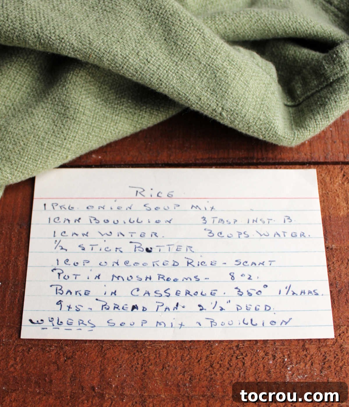 Homestyle Mushroom Rice Bake 3 Slightly yellowed index card with hand written recipe for "rice" on it.