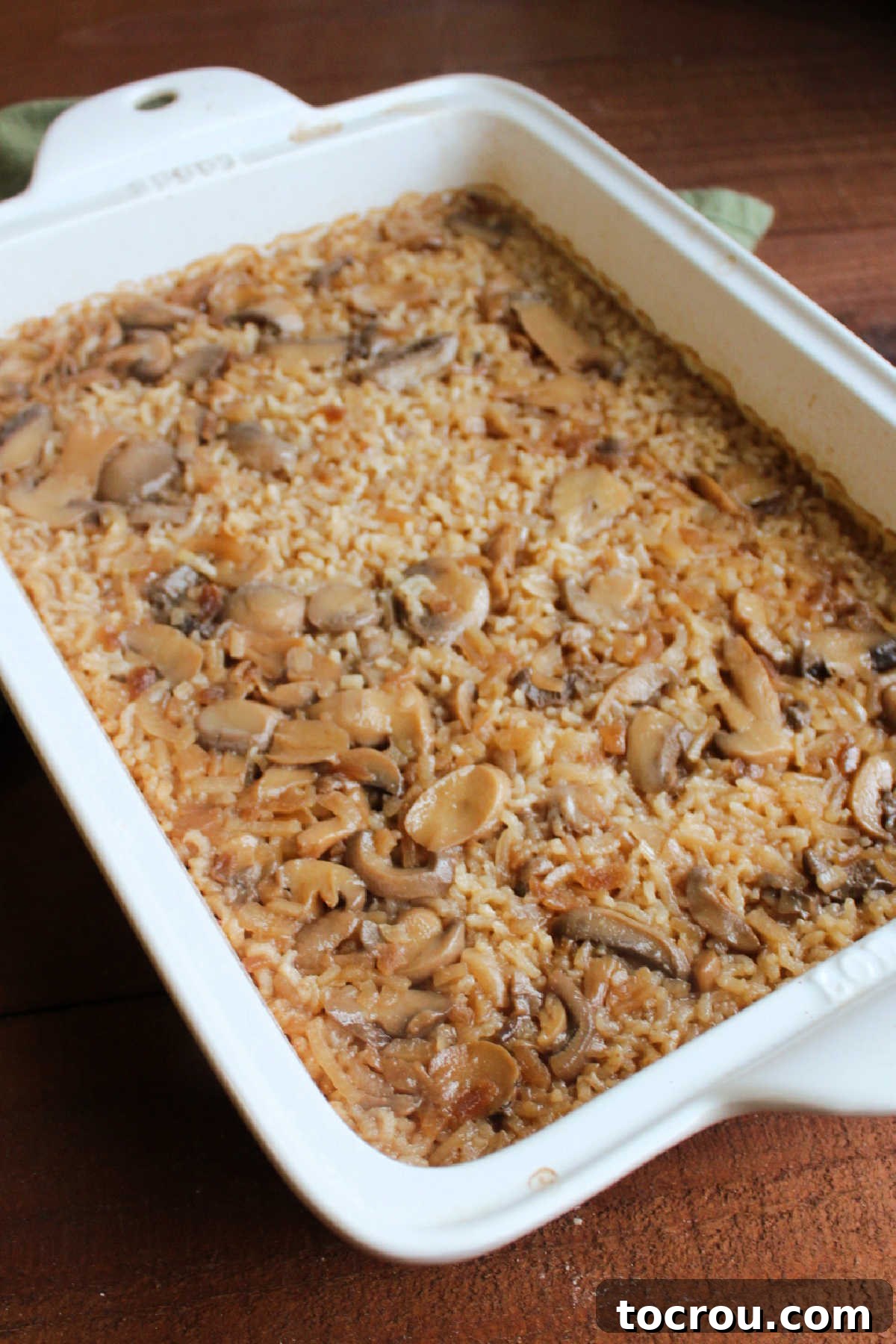 Homestyle Mushroom Rice Bake 6 Pan of cooked rice fresh from the oven.