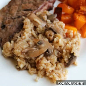 Close up of fluffy baked rice with beef broth and mushrooms served on dinner plate.