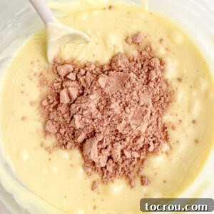 Cake mix on top of melted white chocolate chips and condensed milk, ready to be stirred.