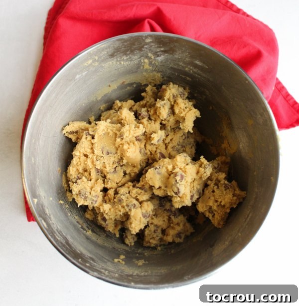 Mixer bowl filled with chocolate chip cookie dough with pudding mix inside.