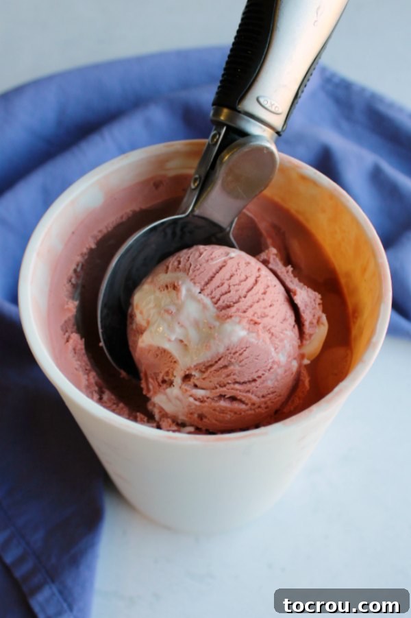 Pink Velvet Cheesecake Swirl Ice Cream 5 Ice cream scooper digging into container of pink velvet ice cream.