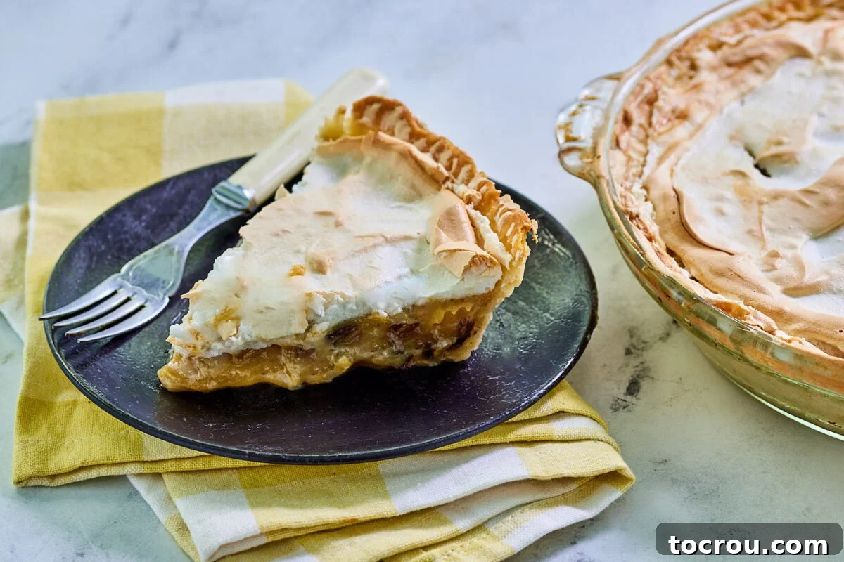 A delectable slice of sour cream raisin pie, showcasing its thick custard filling, luscious raisins, and a majestic, fluffy white meringue with a perfectly golden-brown top, ready to be enjoyed.