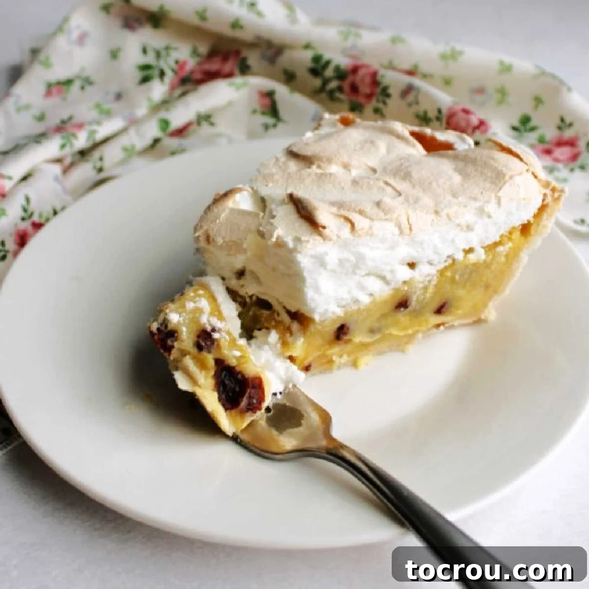 A tantalizing bite of sour cream raisin pie, crowned with a delicate layer of fluffy meringue, poised on a fork.