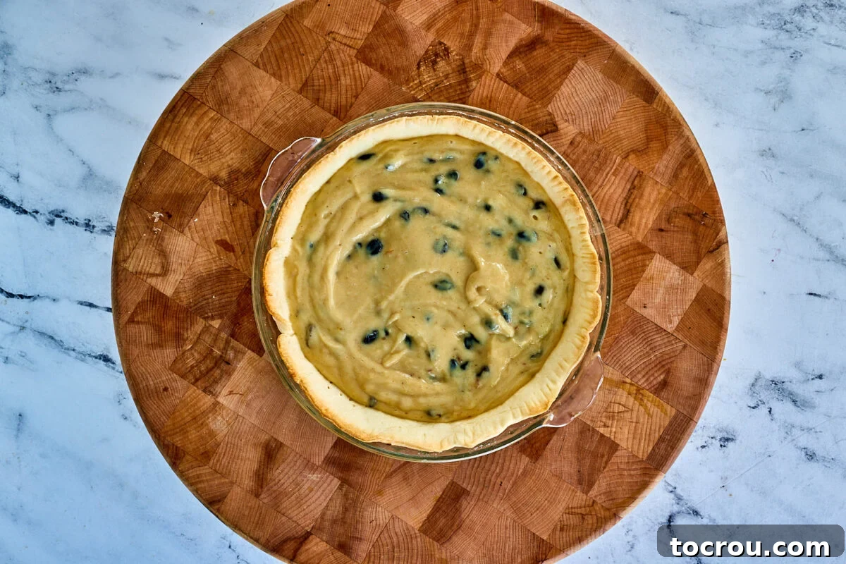 The perfectly thickened sour cream and raisin custard, nestled within the pre-baked pie crust, awaiting its crowning glory of meringue topping.