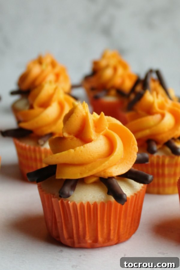 two campfire cupcakes with a mini marshmallow on a stick ready to be roasted