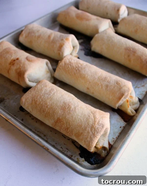 Crispy Baked Barbacoa Chimichangas 4 Golden brown, crispy baked chimichangas fresh from the oven, ready to be served.