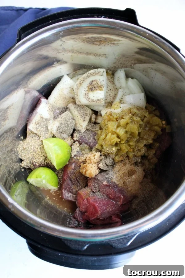 Instant Pot filled with venison, chiles, lime, onions, and other spices, ready for cooking barbacoa.