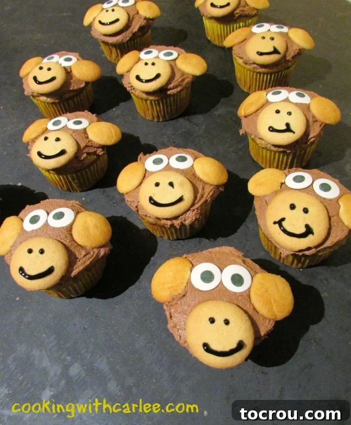 Smiling monkey cupcakes with rich chocolate frosting, vanilla wafer faces, and expressive candy eyes.