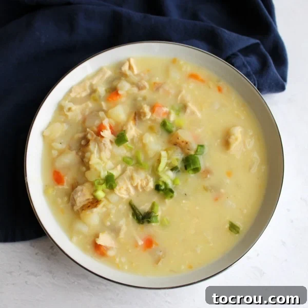 Greek Lemon Chicken Soup A comforting bowl of lemony chicken soup featuring tender chicken, rice, potatoes, carrots, celery, and onions, all swimming in a velvety, egg-thickened Avgolemono broth.