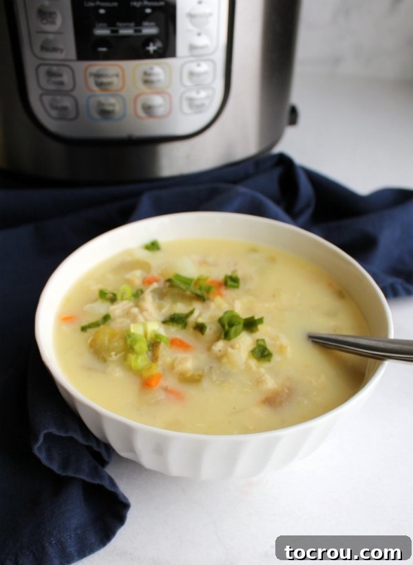 Lemon Chicken Soup with Instant Pot A close-up view of a bowl of comforting lemon chicken soup, artfully placed in front of an Instant Pot, highlighting its ease of preparation.