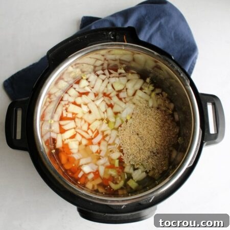 Prepared vegetables, rice, and potatoes neatly arranged in an Instant Pot, ready to be cooked into a delicious chicken soup.