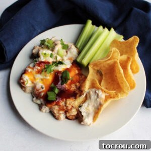 Ultimate Creamy Pulled Pork Dip 5 Small plate filled with creamy pulled pork dip, tortilla chips and celery sticks.